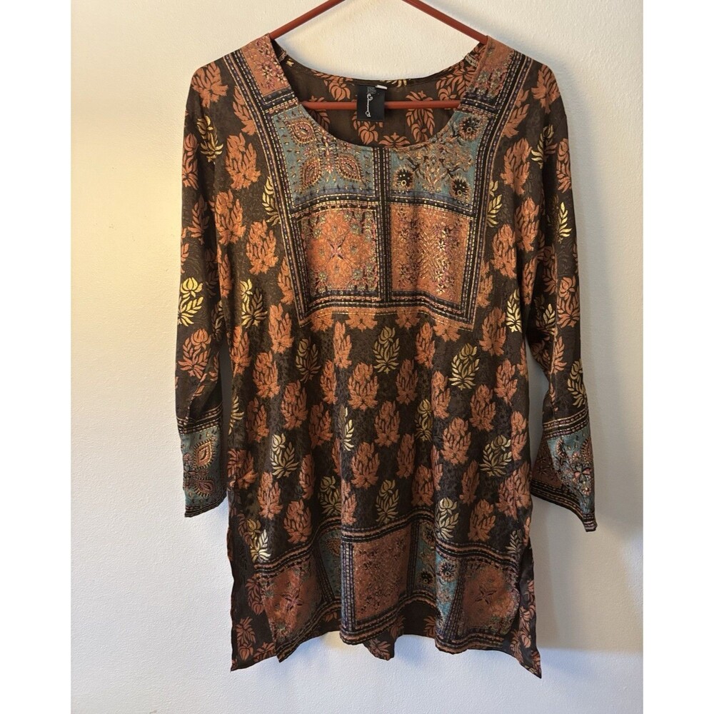 Biba Women’s Brown Floral Print Long Sleeve Kurta Tunic Cotton Woven Size M boho